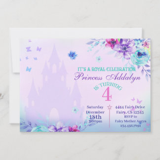 Convites Floral Princess Castle Watercolor 4º Aniversário