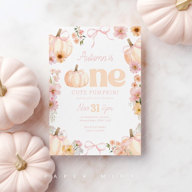 Convites Floral pumpkin 1st Birthday Orange Pink Bow (Pink and Orange Pumpkin 1st Birthday invitation with flowers and bows.)