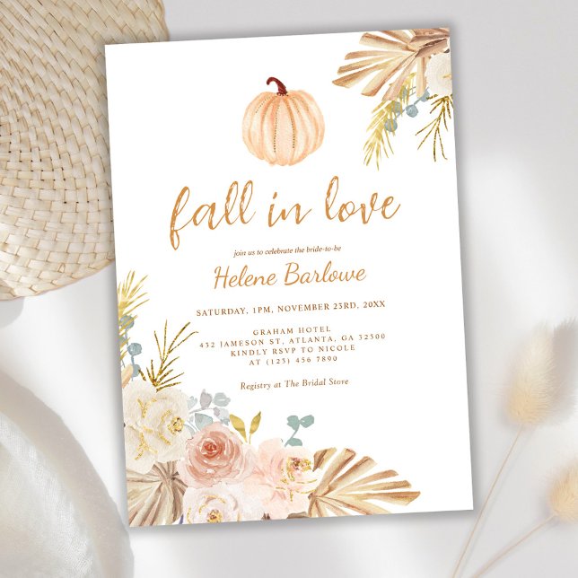 Convites Floral Pumpkin Cai No Amor Chá de panela Boho (Floral Pumpkin Fall In Love Boho Bridal Shower Invitation)