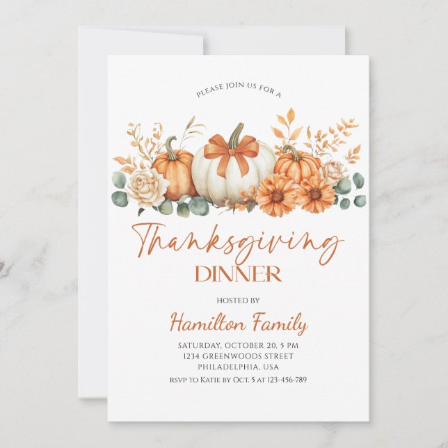 Convites Floral pumpkin Thanksgiving Dinner party (Frente)