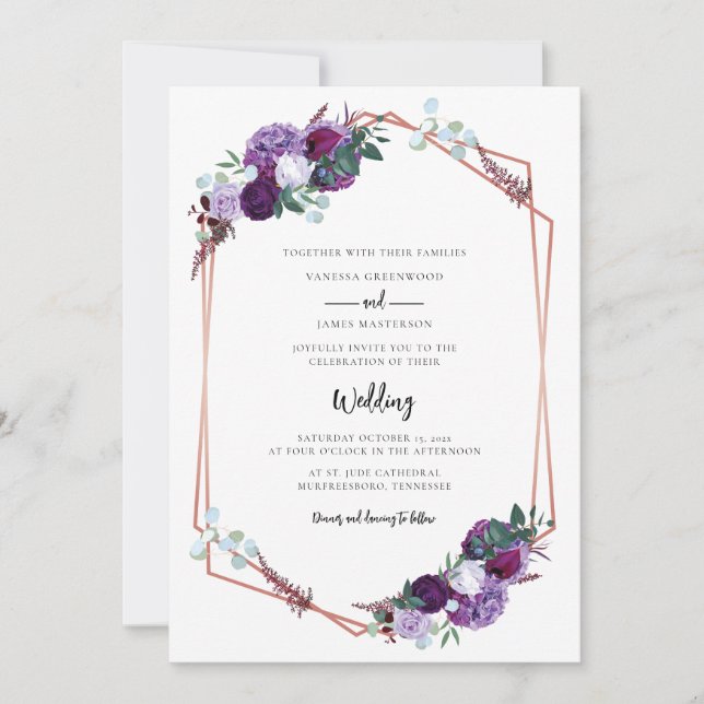 Convites Floral Purple Bloom Script Moderno Casamento (Frente)