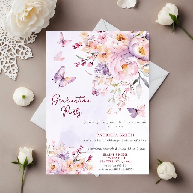 Convites Floral Purple Butterflies Festa de formatura de fo (Floral Purple Butterflies Photo Graduation Party Invitation)
