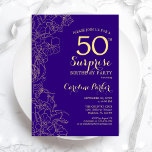 Convites Floral Purple Dourado Surpresa 50ª Festa de aniver<br><div class="desc">Floral Purple Dourado Surpresa 50º Convite de aniversário. Design minimalista moderno com sotaques botânicos e letra de escrita tipográfica. Simples cartão de convite floral perfeito para uma festa surpresa na moda. Pode ser personalizado para qualquer idade.</div>
