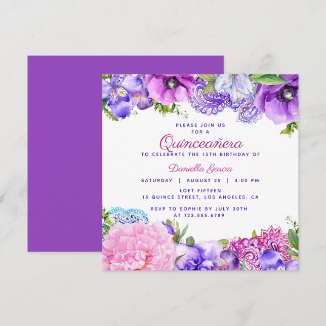 Convites Floral Purple Paisley Modern Quinceañera (Frente/Verso)