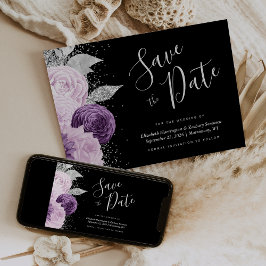 Convites Floral Purple Silver Glitter Black Salvar Data