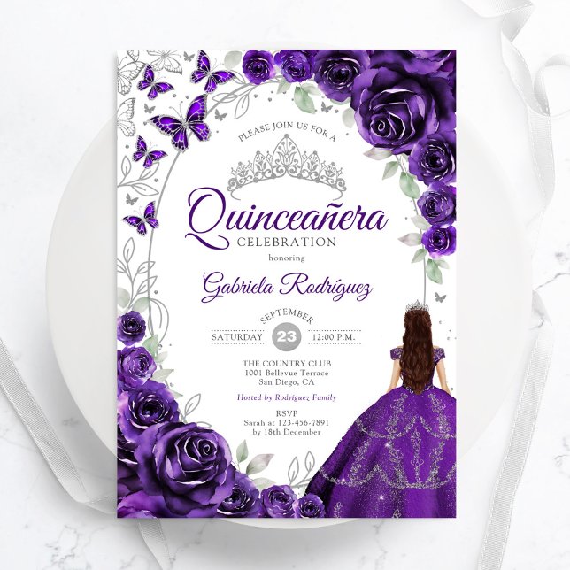 Convites Floral Purple Silver Quinceanera (Criador carregado)