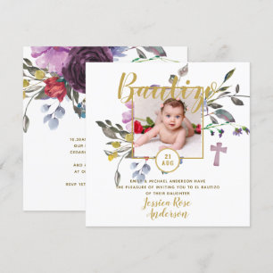 Convites Floral Púrpura PHOTO Bautizo Invitation Espanhol