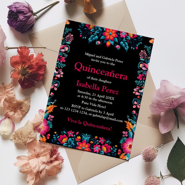 Convites Floral Quinceanera Black Mexicano Fiesta Birthday (Floral Quinceanera Black Mexican Fiesta Birthday Invitation on a table with colorful flowers.)