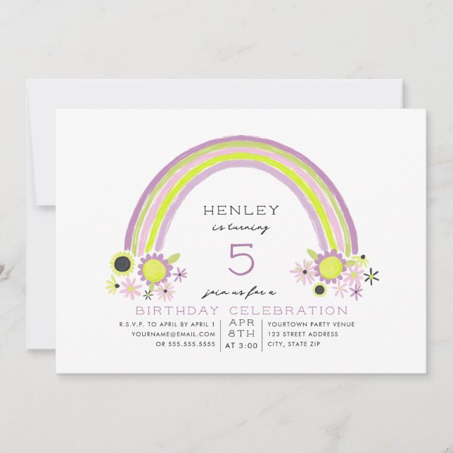 Convites Floral Rainbow Birthday Neon Lavanda (Frente)