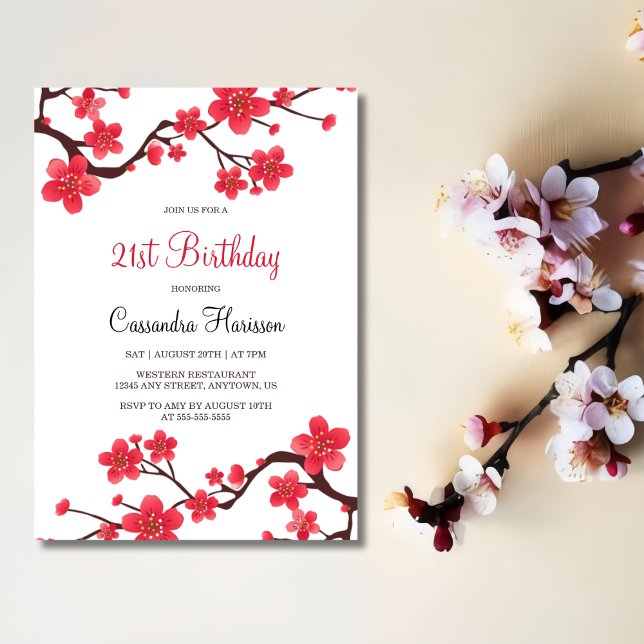 Convites Floral Red Cherry Blossom Sakura aniversário de 21 (Criador carregado)