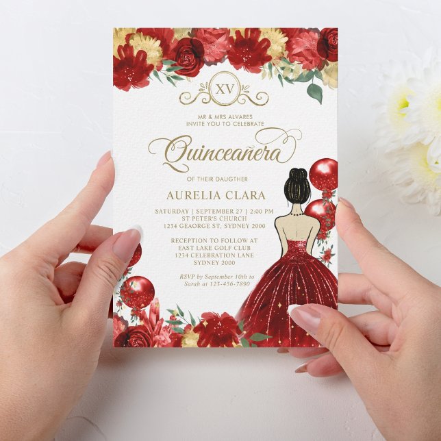 Convites Floral Red Dourada Princesa XV Quinceañera Anivers (Criador carregado)