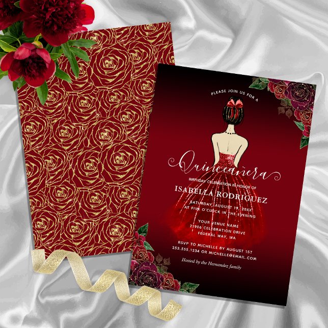 Convites Floral Red Princess Dourado Birthday Quinceañera (Floral Red Princess Gold Birthday Quinceañera Invitation)