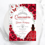 Convites Floral Red Silver Quinceanera<br><div class="desc">Red silver and white floral Quinceanera celebration invitation. Features brunette girl in ball gown dress,  script font,  silver butterflies,  watercolor roses and tiara. Perfect for an elegant princess style glam celebration. Personalize with your own details. Printed Zazzle invitations or instant download digital printable template.</div>