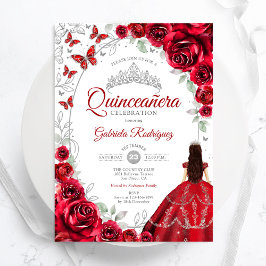 Convites Floral Red Silver Quinceanera