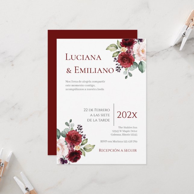 Convites Floral Red Wedding Invitation (Frente/Verso In Situ)