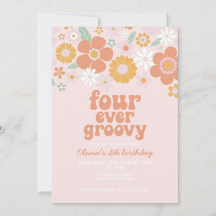 Convites Floral Retro Quatro Sempre Groovy 4º aniversário