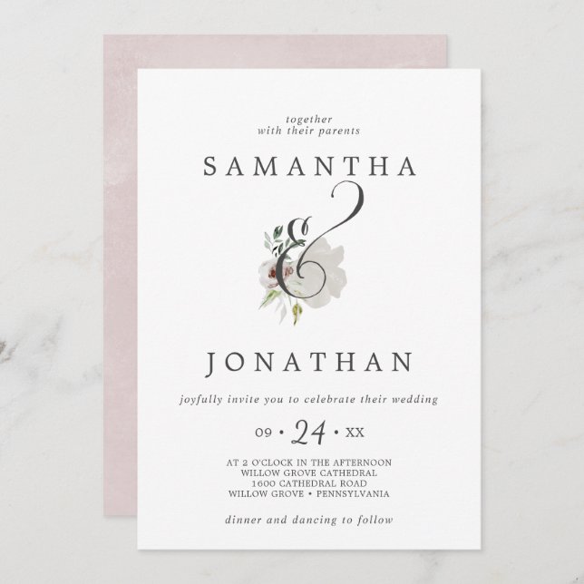 Convites Floral Romance Ampersand Wedding (Frente/Verso)