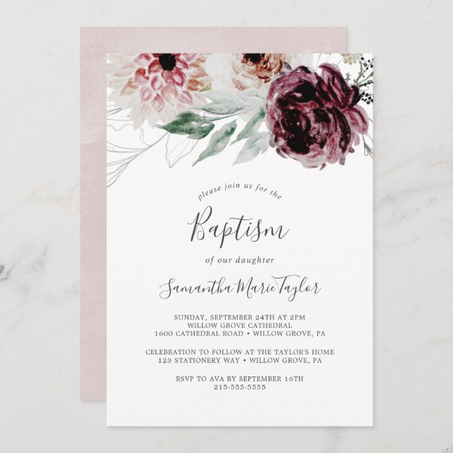 Convites Floral Romance Baptism (Frente/Verso)