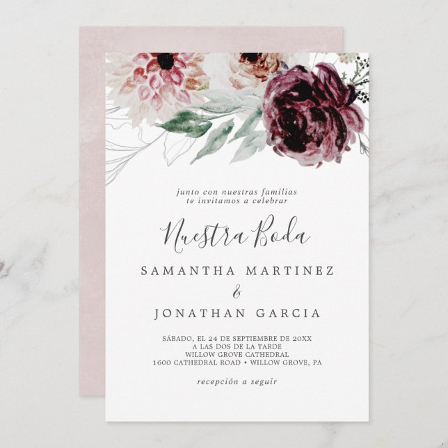 Convites Floral Romance espanhola Nuestra Boda (Frente/Verso)