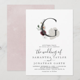 Convites Floral Romance - Letra G Monograma de Casamento