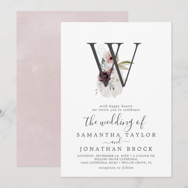 Convites Floral Romance - Letra W Blush Monograma Wedding (Frente/Verso)