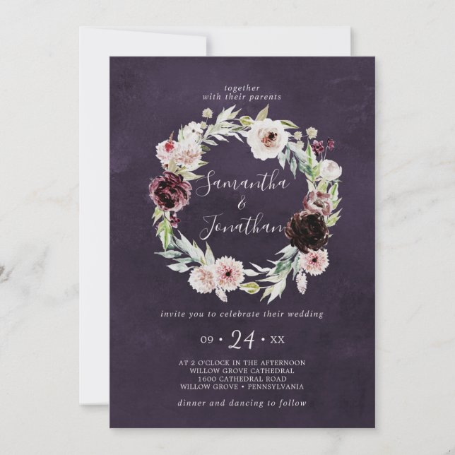 Convites Floral Romance Wreath | Plum Wedding (Frente)