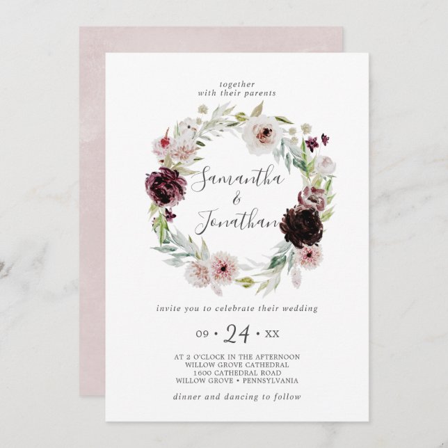 Convites Floral Romance Wreath Wedding (Frente/Verso)