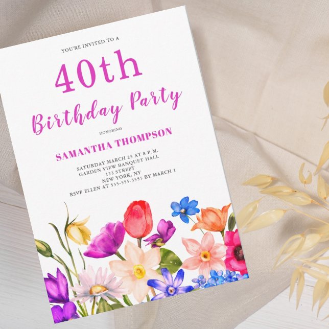 Convites Floral Rosa aniversário de 40 anos (Criador carregado)
