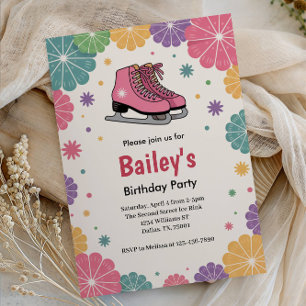Convites Floral Rosa Aniversário Retrô de Patinação no Gelo