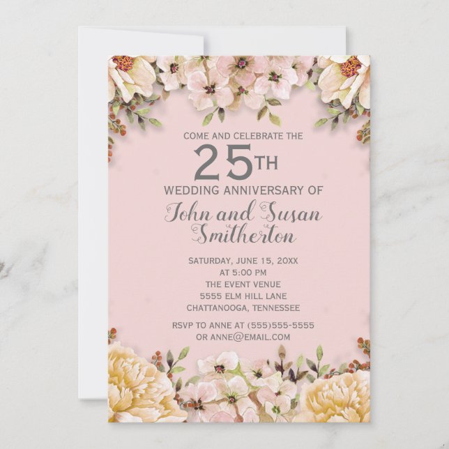 Convites Floral Rosa Branco Aniversário de Casamento de 25  (Frente)