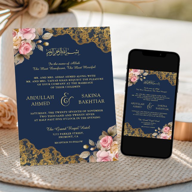 Convites Floral Rosa com Renda Dourada Vestido de Noiva Azu (Criador carregado)