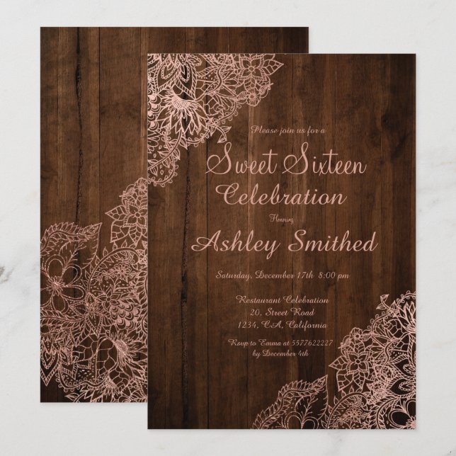 Convites Floral rosa de ouro de madeira marrom russa Sweet  (Frente/Verso)