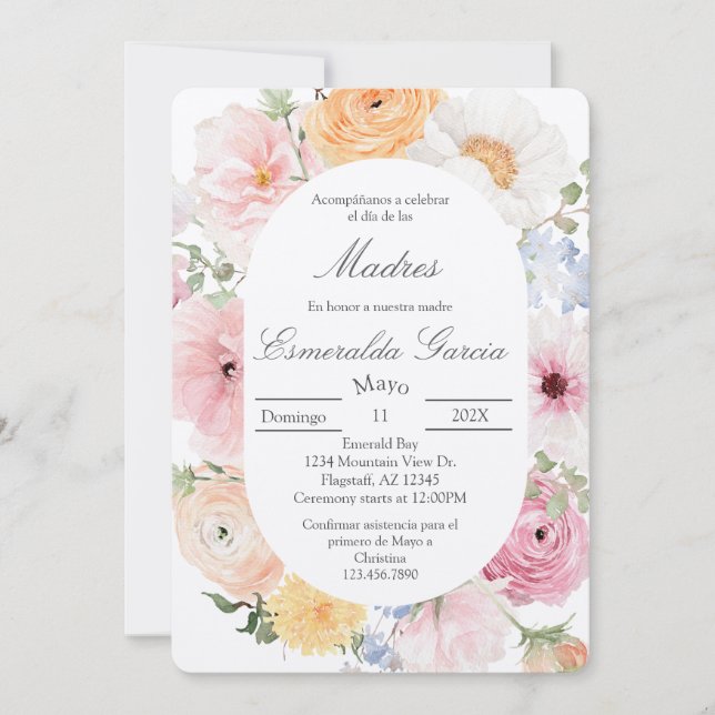 Convites Floral rosa dia de las madres  (Frente)