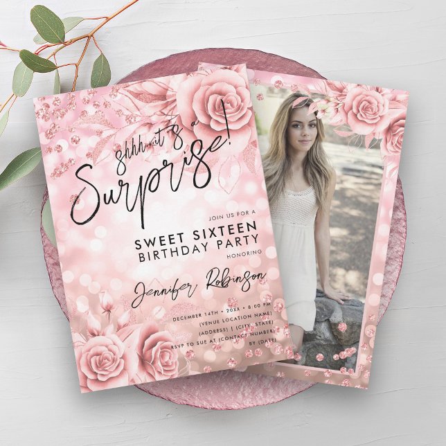 Convites Floral Rosa Dourado Luzes Foto Surpresa Doce 16 (Floral Rose Gold Lights Photo Surprise Sweet 16 Invitation)