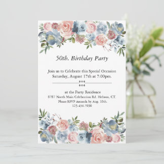 Convites Floral rosa e azul, personalizável, 50º. Aniversár