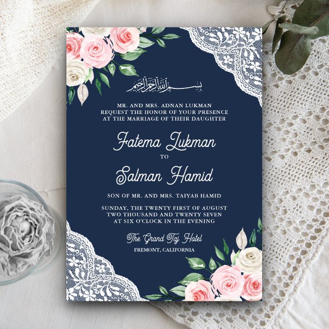 Convites Floral Rosa em Renda Azul Marinho Código QR Casame (Criador carregado)