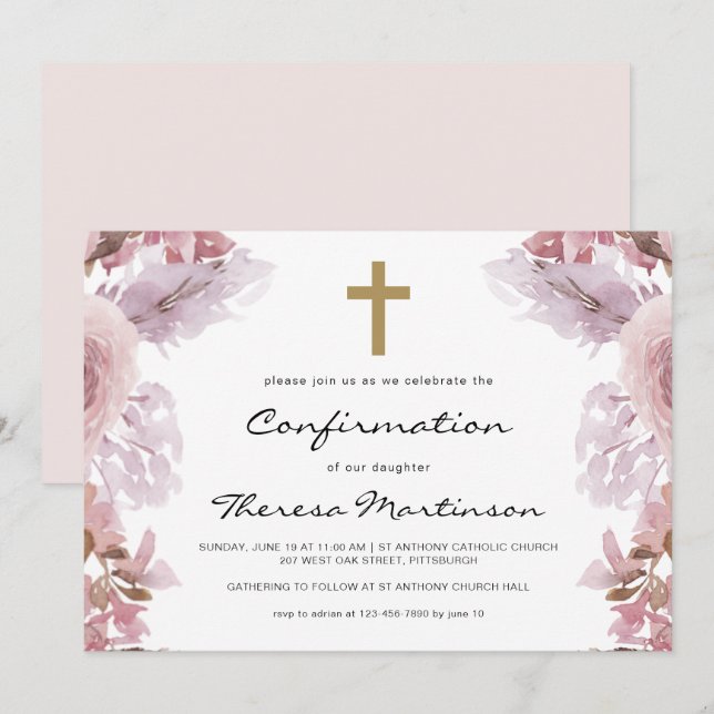 Convites Floral Rosa Esbranquiçado com Confirmação Cruzada (Frente/Verso)
