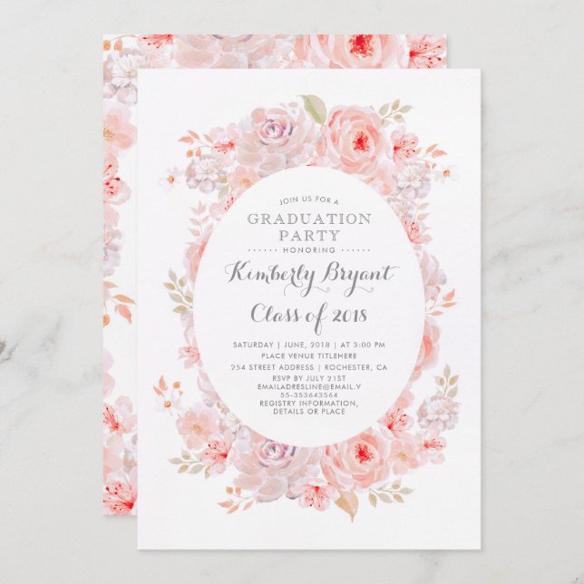 Convites Floral Rosa | Festa de formatura Elegante (Frente/Verso)