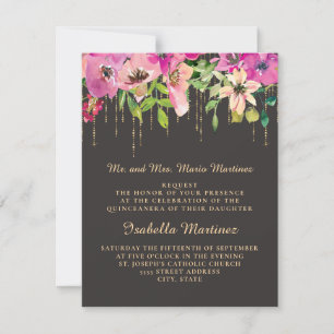 Convites Floral Rosa Folhas Verdes Preto Dourado Quinceañer