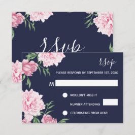 Convites Floral Rosa & Fundo Azul Marinho | RSVP