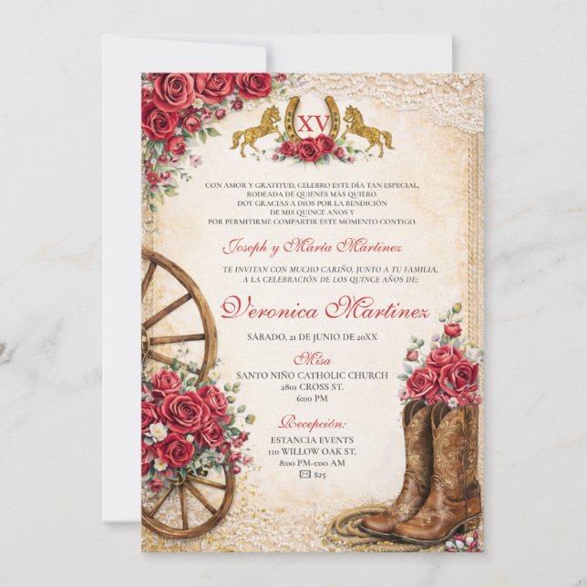 Convites Floral Rosa Ocidental Rústico Quinceañera Mexicano (Frente)