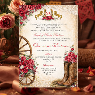 Convites Floral Rosa Ocidental Rústico Quinceañera Mexicano