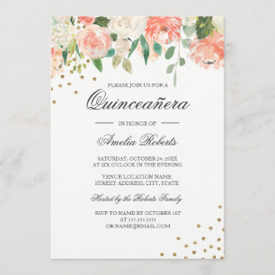 Convites Floral Rosa Pêssego Aquarela Quinceanera