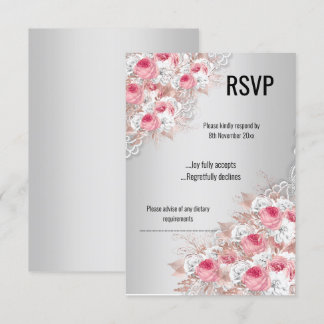 Convites Floral Rosa Prateado LACE ELEGANTES MODERNAS RSVP