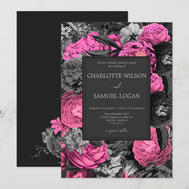 Convites Floral Rosa Preto | Modern Chic Floral Wedding Inv (Frente/Verso)