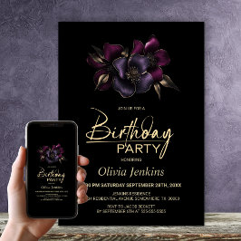 Convites Floral Rosa Púrpura Preto, qualquer Festa de anive