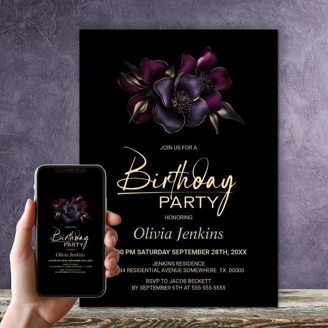 Convites Floral Rosa Púrpura Preto, qualquer Festa de anive (Criador carregado)