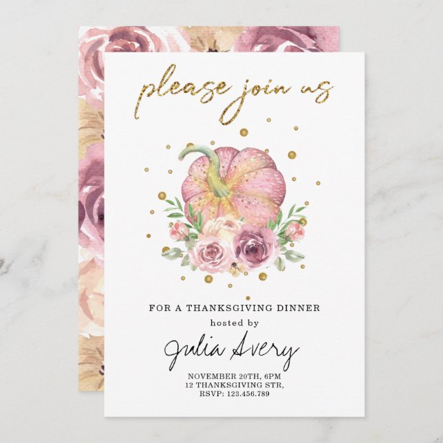 Convites Floral Rosa-Rosa de Ação de Graças (Frente/Verso)