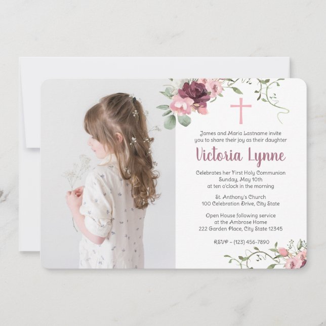 Convites Floral Rosa Suave da Primeira Comunhão com Foto (Frente)