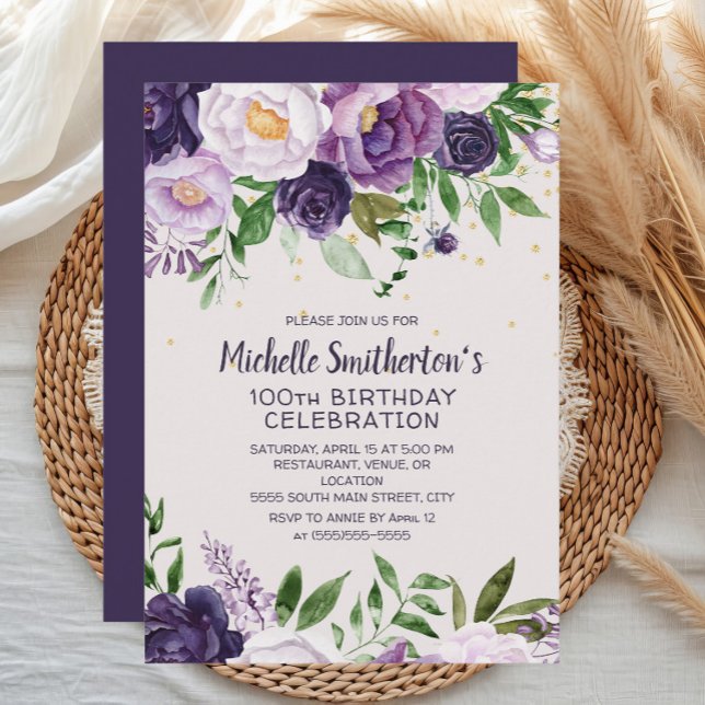 Convites Floral Roxo - 100º Aniversário (Purple watercolor floral women's 100th birthday party invitation)
